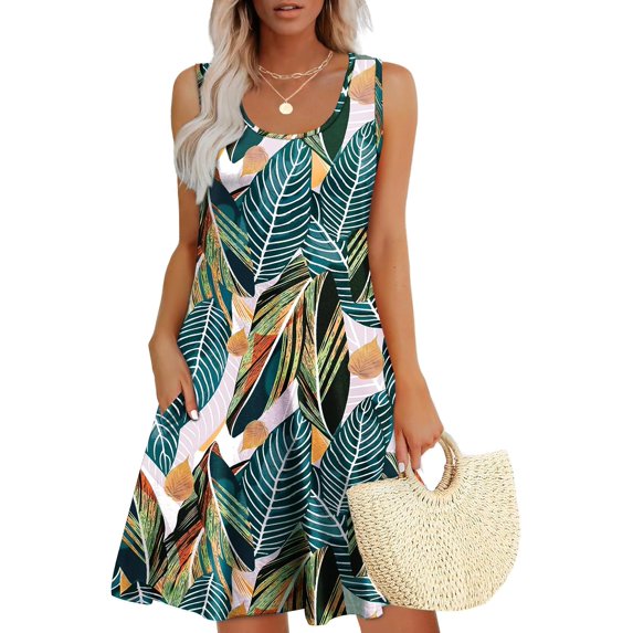Womens Summer Dresses Loose U Neck Sleeveless Sundresses Dress with Pockets