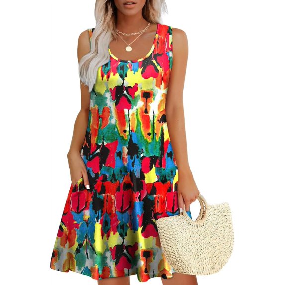 Womens Summer Dresses Loose U Neck Sleeveless Sundresses Dress with Pockets