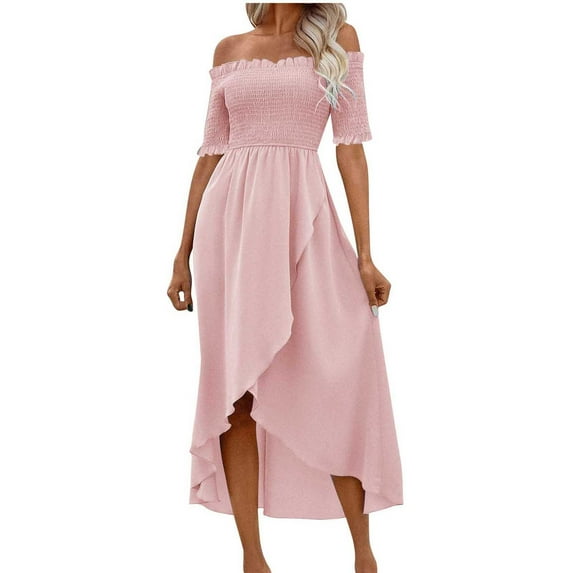 Womens Summer Dresses Plus Size Casual Fold Solid Color Irregular Short Sleeve Off-The-Shoulder Vacation Dress
