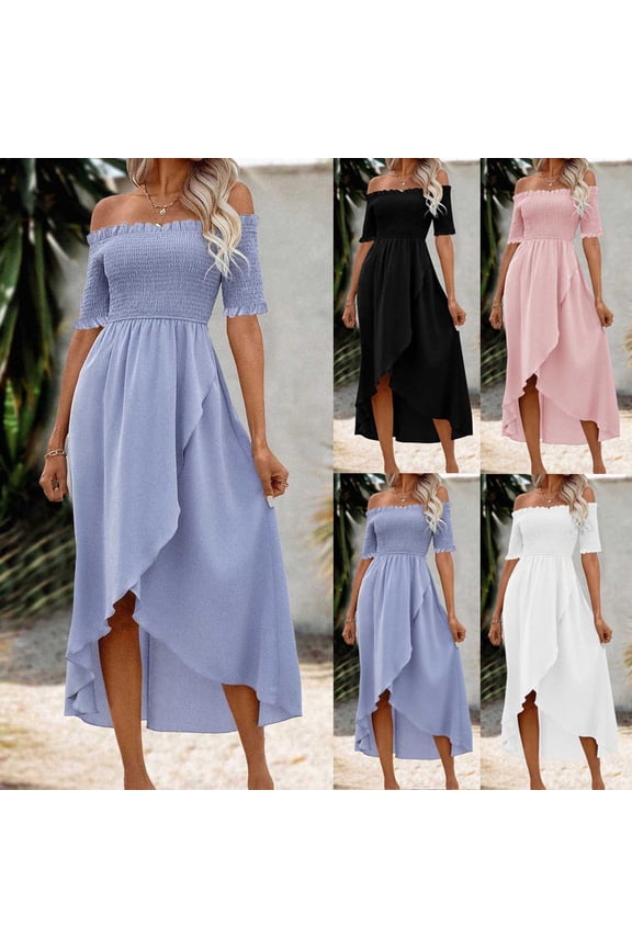 Womens Summer Dresses Plus Size Casual Fold Solid Color Irregular Short Sleeve Off-The-Shoulder Wedding Guest Dress