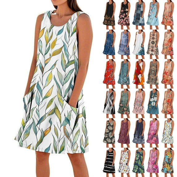 Womens Summer Dresses Plus Size Sleeveless Crew Neck Women's Trendy Casual Multicolor Print Beach Midi Tank Dress with Pockets M