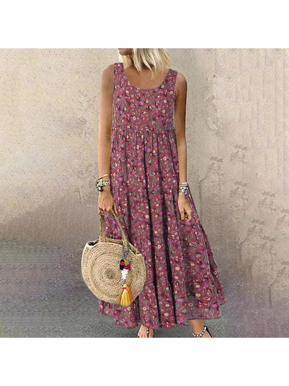 Womens Summer Dresses Plus Size Women Dresses Casual Halter Dresses Sleeveless Dresses French Ethnic Dresses Floral Print Long Dresses High Waist Midi Beach Dresses O Neck Sundress