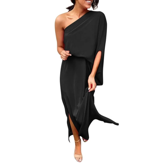 Womens Summer Dresses Plus Size Women's Summer Sleeveless One Shoulder Dress Boho Floral Print Smocked Midi Dress Tiered Ruffle Long Maxi Dress(Black,XL)