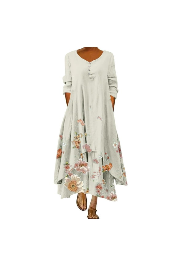 Womens Summer Dresses with Pockets Loose Fit Asymmetric Casual Long Sleeve Maxi Dress Floral Print Retro Style Party Elegant Bohemian Button V-Neck Beach Boho Hawaiian Dress Plus Size