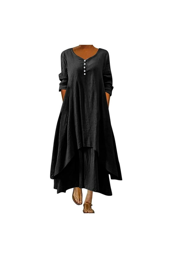 Womens Summer Dresses with Pockets Loose Fit Asymmetric Casual Long Sleeve Maxi Dress Floral Print Retro Style Party Elegant Bohemian Button V-Neck Beach Boho Hawaiian Dress Plus Size