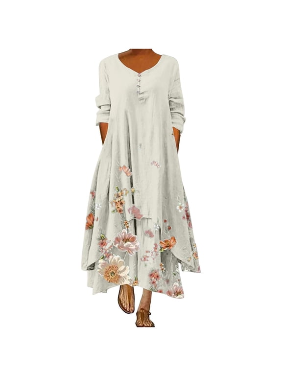 Womens Summer Dresses with Pockets Loose Fit Asymmetric Casual Long Sleeve Maxi Dress Floral Print Retro Style Party Elegant Bohemian Button V-Neck Beach Boho Hawaiian Dress Plus Size
