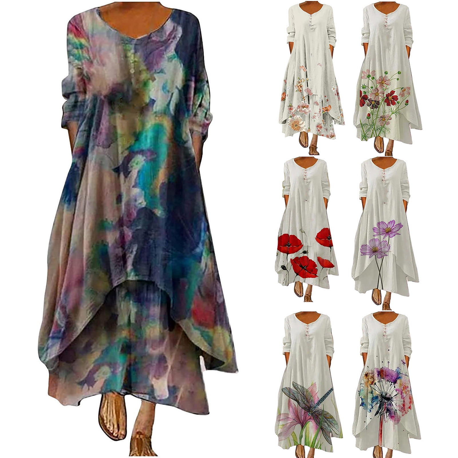Women'S Summer Boho Vintage Maxi Dress Women'S Pocket Loose Casual Print A-Line Dresses