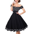 thumbnail image 1 of Womens Summer Dresses Retro Hepburn Style Waist Cinching Polka Dot Bow Spliced Large Swing Dress, 1 of 5