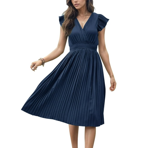 Womens Summer Dresses Ruffle Sleeve V Neck Midi Dress 2024 Fashion Casual Fit Pleated Swing Dress Boho Beach Vacation Sundress (Navy Blue,Medium)