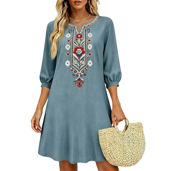 Womens Summer Dresses Sawvnm Women's Boho Embroidered Tunic Dress V Neck 3/4 Sleeve Casual Loose Mini Dress For Summer Beach