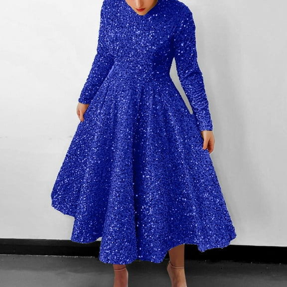 Womens Summer Dresses Sequin Round Neck Long Sleeve Velvet Sparkly Pleated Maxi Dress Blue XXL