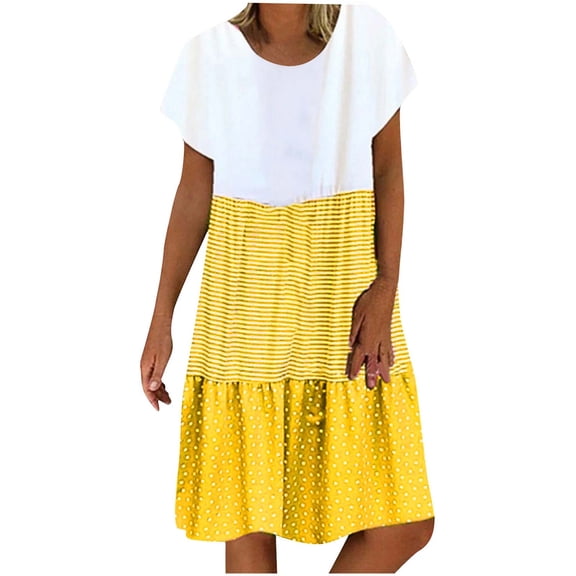 Womens Summer Dresses Sevevn Fashion Women Casual Loose Stripe Patchwork Round Neck Short Sleeves Dress