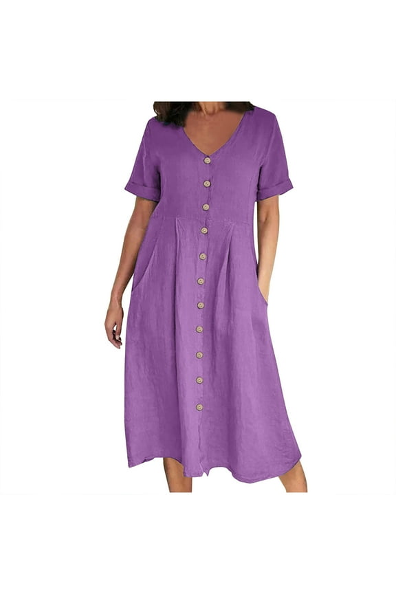 Womens Summer Dresses Sevevn Women's Casual V Neck Buttons Down Front Short Sleeve Loose Fit Midi Dress with Pockets
