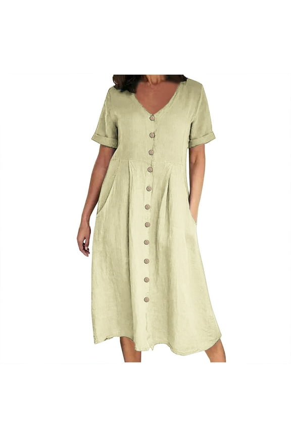 Womens Summer Dresses Sevevn Women's Casual V Neck Buttons Down Front Short Sleeve Loose Fit Midi Dress with Pockets