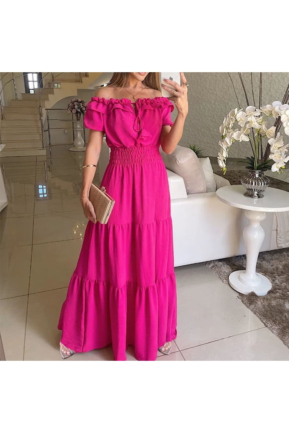 Womens Summer Dresses Sevevn Women's Fashion Temperament Peplum One-line Neck Bubble Sleeve Dress Short Sleeve One-Line Shoulder Ankle-Length Dress Sun Dresses for Women Summer Dresses for Women