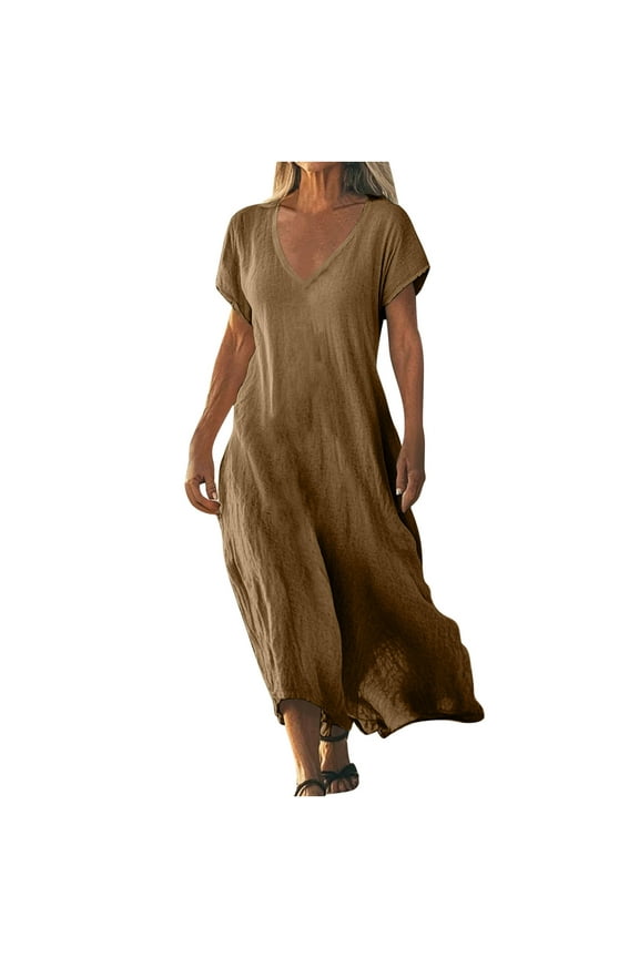 Womens Summer Dresses Sevevn Women's Solid Color Cotton Linen Short Sleeved V-Neck Dress Skirt