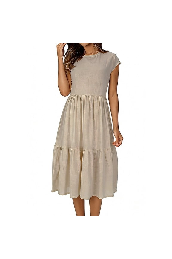 Womens Summer Dresses Sevevn Women's Summer Cap Sleeve Midi Dress Tiered Ruffle Casual Flowy Dress Khaki S
