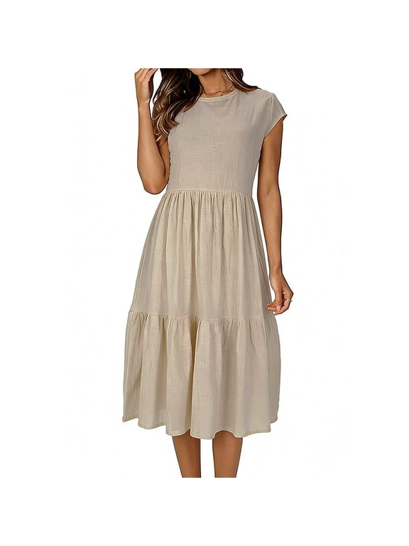 Womens Summer Dresses Sevevn Women's Summer Cap Sleeve Midi Dress Tiered Ruffle Casual Flowy Dress Khaki XL
