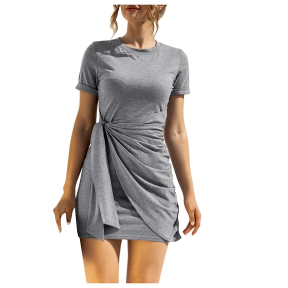 Womens Summer Dresses Sevevn Womens Round-Neck Dress Short Sleeve Casual Bandage Solid Tunic Mini Dress