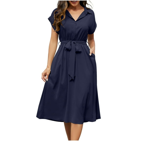 Womens Summer Dresses Sevevn Womens Solid-Color Button Short-Sleeved Lapel Casual Belt Pocket Shirt Dress
