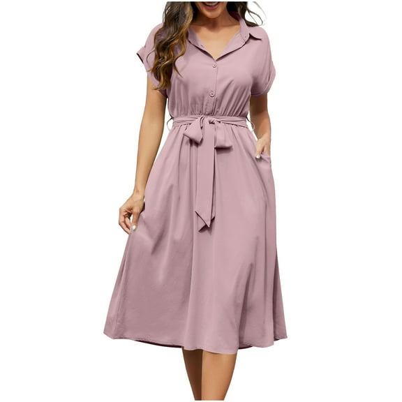 Womens Summer Dresses Sevevn Womens Solid-Color Button Short-Sleeved Lapel Casual Belt Pocket Shirt Dress