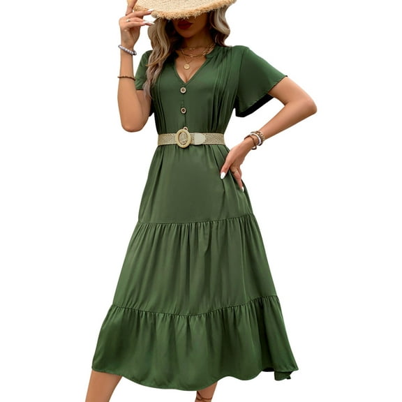 Womens Summer Dresses Short Sleeve Midi Dress 2024 Fashion V Neck Casual Loose Fit Solid Buttons Elegant Beach Vacation Sundress (Green,Small)