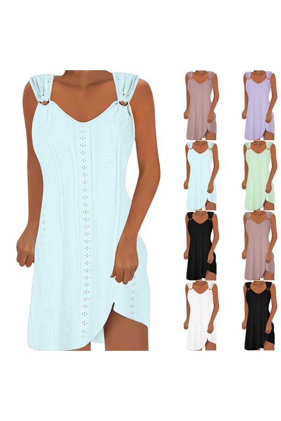 Womens Summer Dresses Size S-2XL Casual Loose Solid V-neck Lock Sleeveless Dress Plus Size Short Mini Dress Mint Green qILAKOG Size M