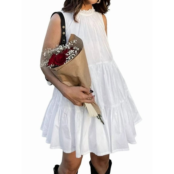 Womens Summer Dresses Sleeveless A Line Tiered Swing Mini Casual Boho Beach Vacation Sundress White L