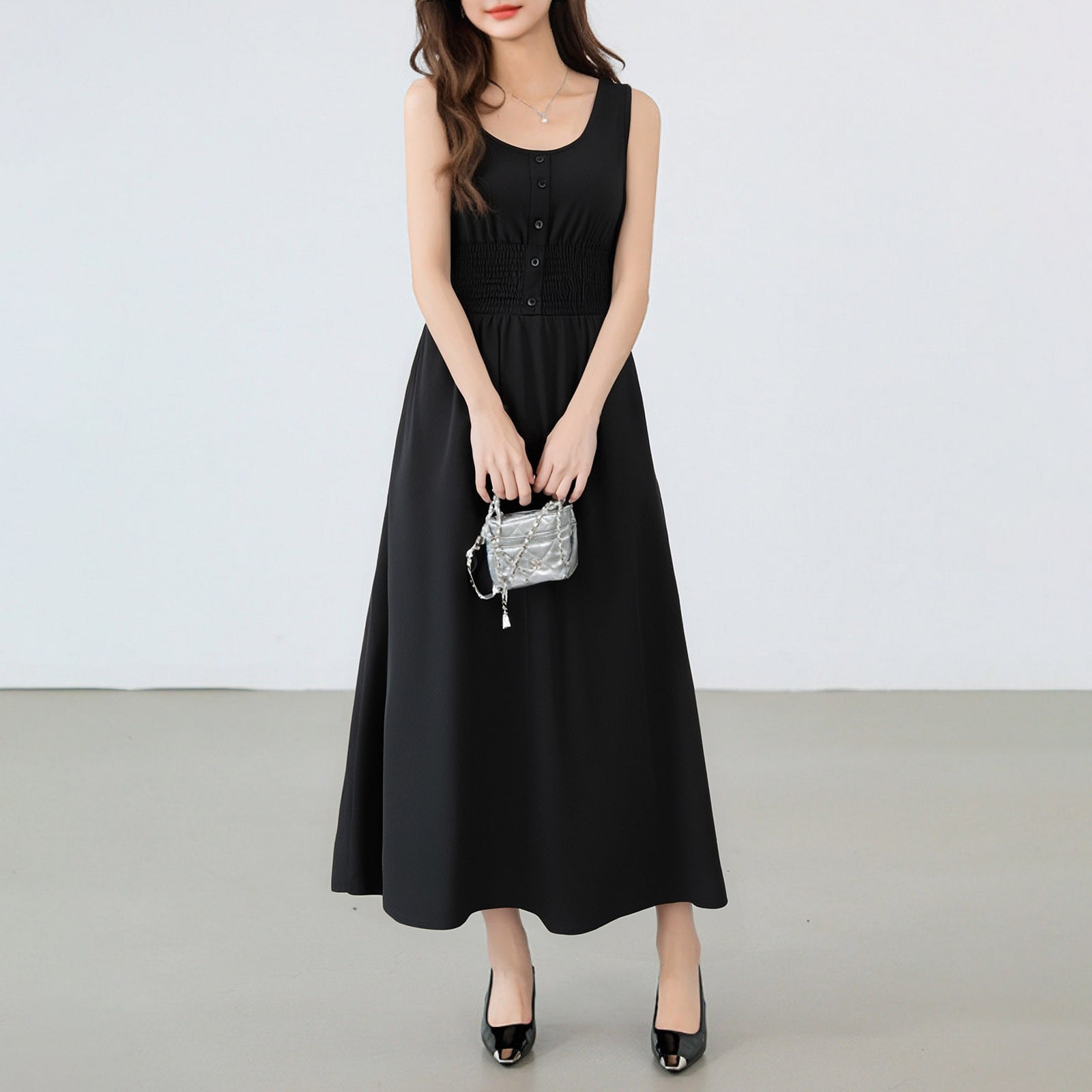 Womens Summer Dresses Sleeveless Button Down Smocked Empire Waist Casual A Line Swing Midi Dress E Dresses for Women Knit Dresses for Women Athletic Dress Dress Loose Casual Dress T Shirts for Dress