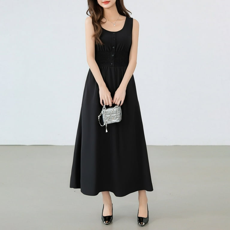 Womens Summer Dresses Sleeveless Button Down Smocked Empire Waist Casual A  Line Swing Midi Dress E Dresses for Women Knit Dresses for Women Athletic Dress  Dress Loose Casual Dress T Shirts for