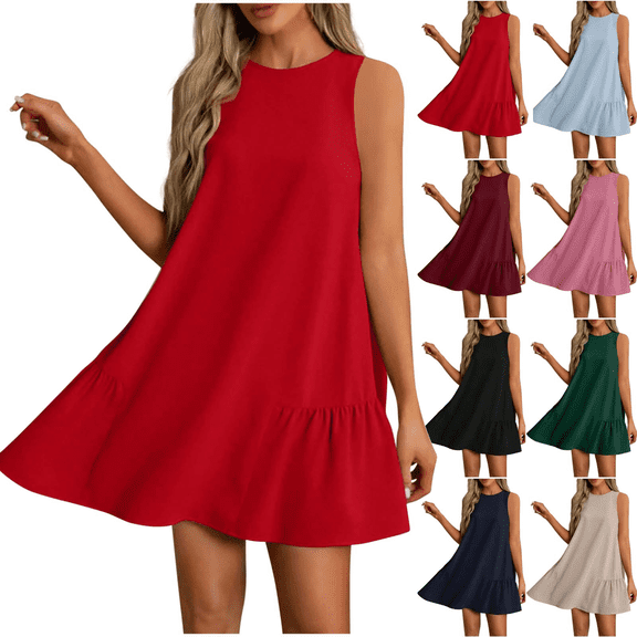 Womens Summer Dresses Sleeveless Crewneck Pleated Hem Mini Dress Flowy A-Line Solid Color Casual Sundress Beach Holiday Dress