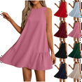 thumbnail image 1 of Womens Summer Dresses Sleeveless Crewneck Pleated Hem Mini Dress Flowy A-Line Solid Color Casual Sundress Beach Holiday Dress, 1 of 7
