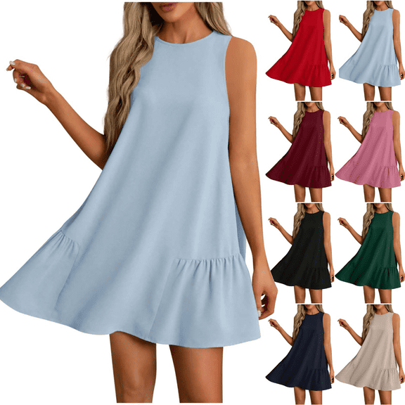 Womens Summer Dresses Sleeveless Crewneck Pleated Hem Mini Dress Flowy A-Line Solid Color Casual Sundress Beach Holiday Dress
