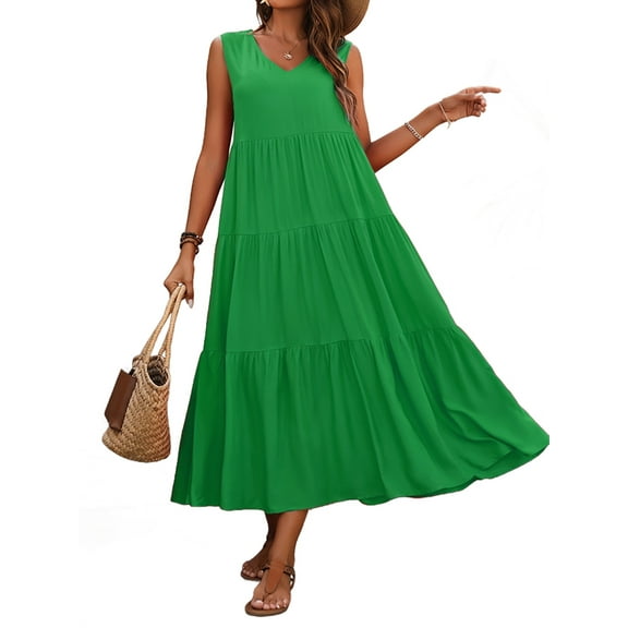 Womens Summer Dresses Sleeveless Maxi Dress V-Neck Casual Flowy Tiered Sundresses Green L