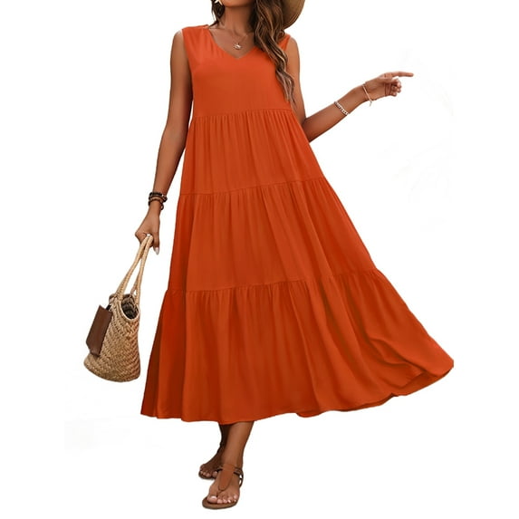Womens Summer Dresses Sleeveless Maxi Dress V-Neck Casual Flowy Tiered Sundresses Orange Color S