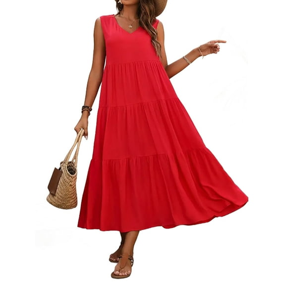 Womens Summer Dresses Sleeveless Maxi Dress V-Neck Casual Flowy Tiered Sundresses Red L