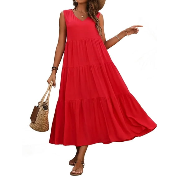 Womens Summer Dresses Sleeveless Maxi Dress V-Neck Casual Flowy Tiered Sundresses Red S