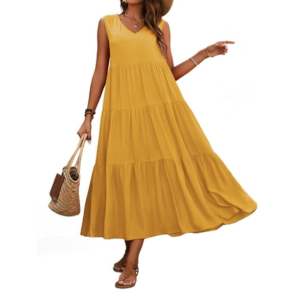 Womens Summer Dresses Sleeveless Maxi Dress V-Neck Casual Flowy Tiered Sundresses Turmeric L