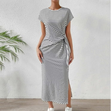 Womens Summer Dresses Sleeveless Ndbuld Women's Striped Long Skirt Short Sleeved Slim Waist Slit Round Neck Dress Deal of The Week Black M