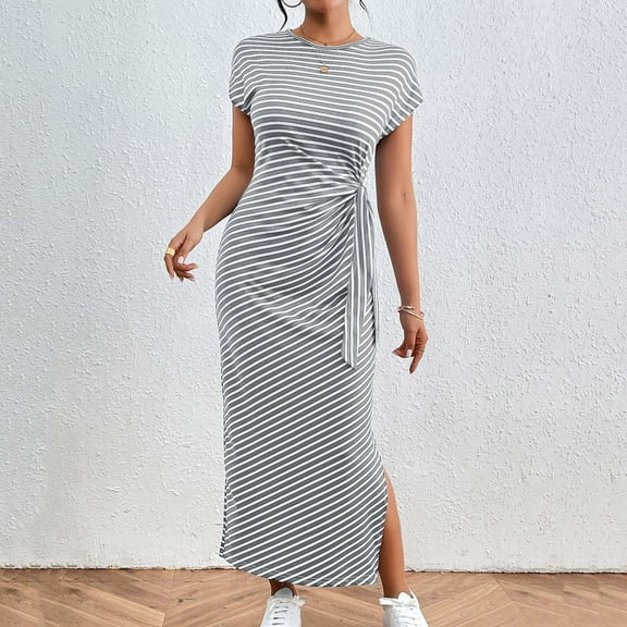 Womens Summer Dresses Sleeveless Ndbuld Women's Striped Long Skirt Short Sleeved Slim Waist Slit Round Neck Dress Dark Gray M