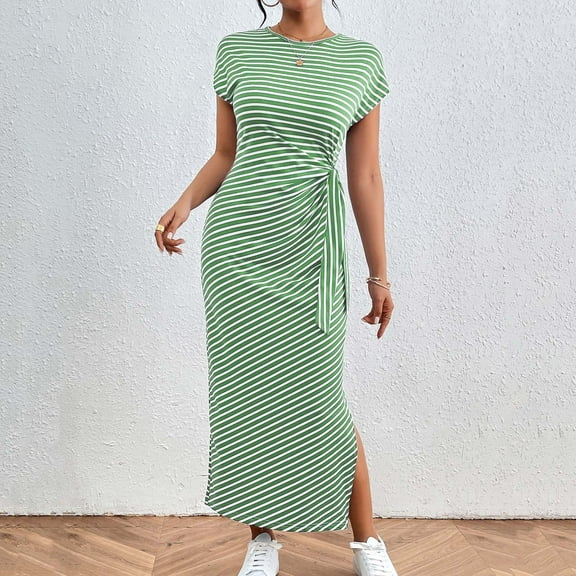 Womens Summer Dresses Sleeveless Ndbuld Women's Striped Long Skirt Short Sleeved Slim Waist Slit Round Neck Dress Green M