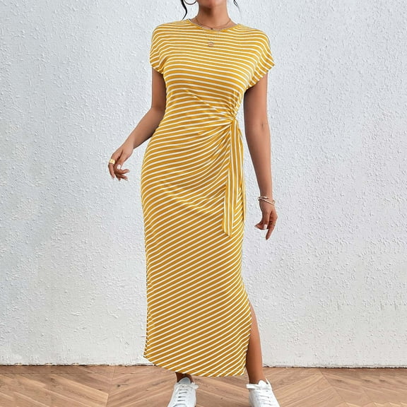 Womens Summer Dresses Sleeveless Ndbuld Women's Striped Long Skirt Short Sleeved Slim Waist Slit Round Neck Dress Yellow M