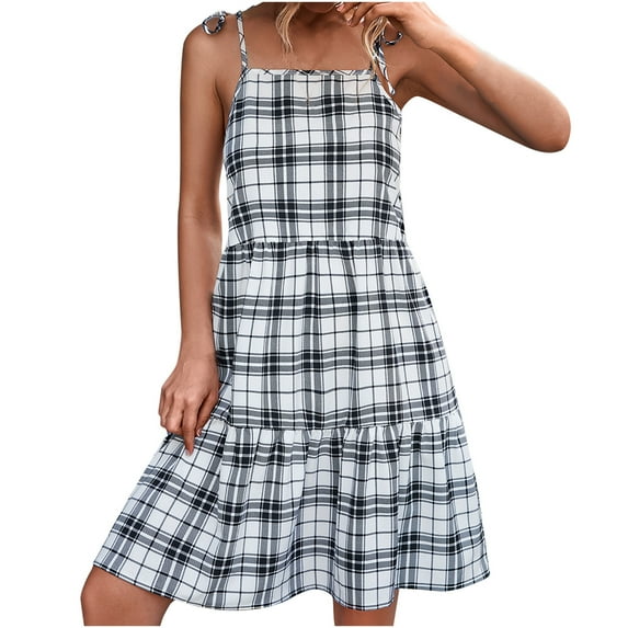Womens Summer Dresses Sleeveless Tie Shoulder Strap Plaid Print Mini Dress Square Neck A-line Flowy Beach Cami Dress