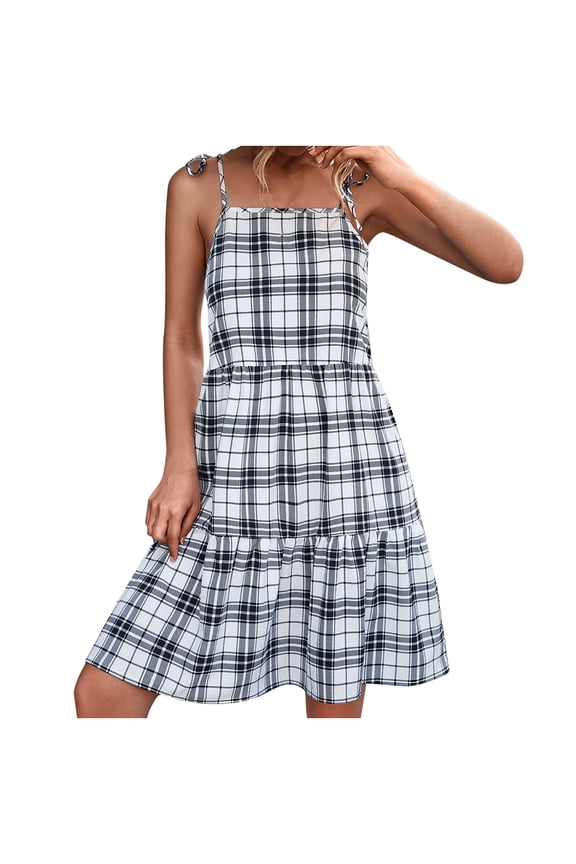 Womens Summer Dresses Sleeveless Tie Shoulder Strap Plaid Print Mini Dress Square Neck A-line Flowy Beach Cami Dress