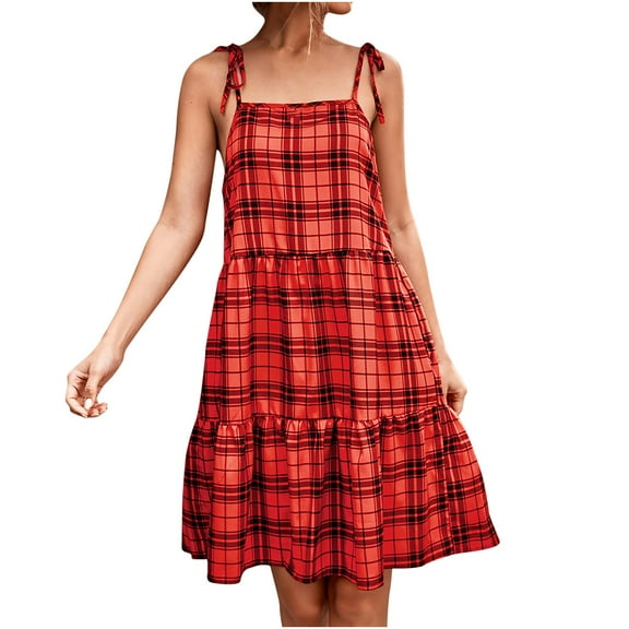 Womens Summer Dresses Sleeveless Tie Shoulder Strap Plaid Print Mini Dress Square Neck A-line Flowy Beach Cami Dress
