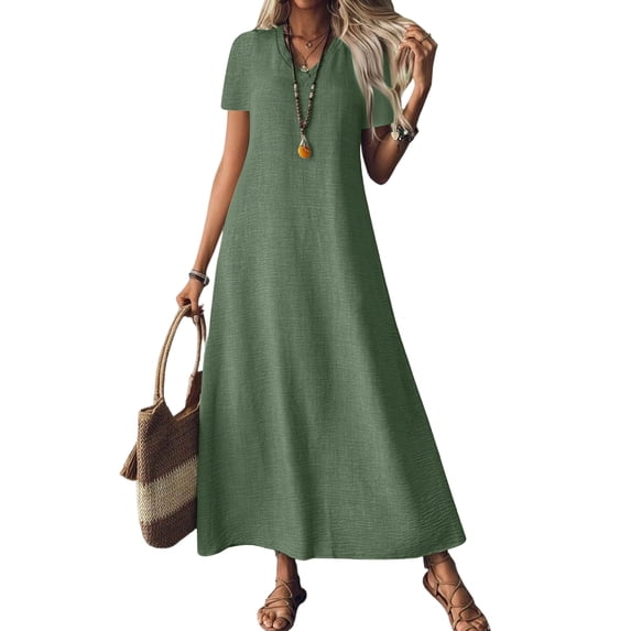 Womens Summer Dresses, Soft Cotton Linen Blend Maxi Dress, Short Sleeve V Neck Loose Fit Casual Dress Green XL