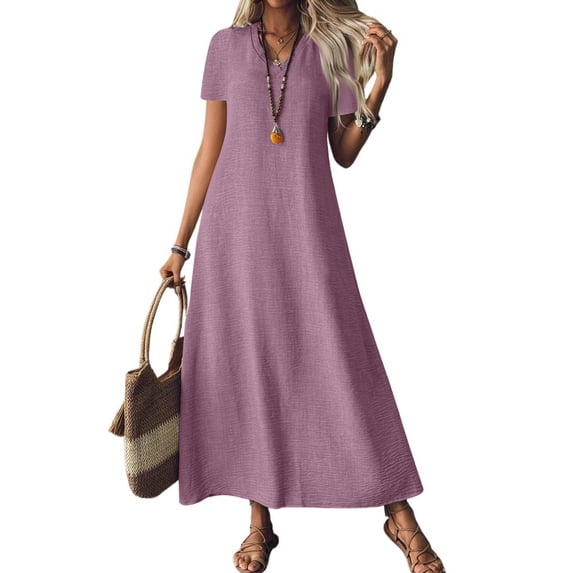 Womens Summer Dresses, Soft Cotton Linen Blend Maxi Dress, Short Sleeve V Neck Loose Fit Casual Dress Purple S
