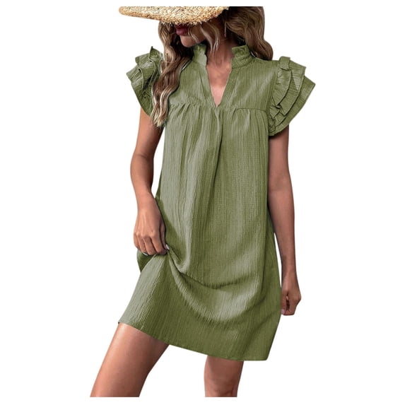 Womens Summer Dresses Fashion Solid Color Layered Sleeve Texture Standing Collar Dress Short Sleeved Lapel Dress Casual Beach Party Dresses