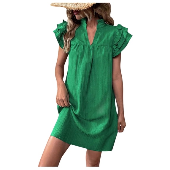 Womens Summer Dresses Fashion Solid Color Layered Sleeve Texture Standing Collar Dress Short Sleeved Lapel Dress Casual Beach Party Dresses