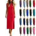 thumbnail image 1 of Womens Summer Dresses Solid Color Round Neck Sleeveless Maxi Dress with Pockets and Side Slits Fashion Outfit XL, 1 of 7
